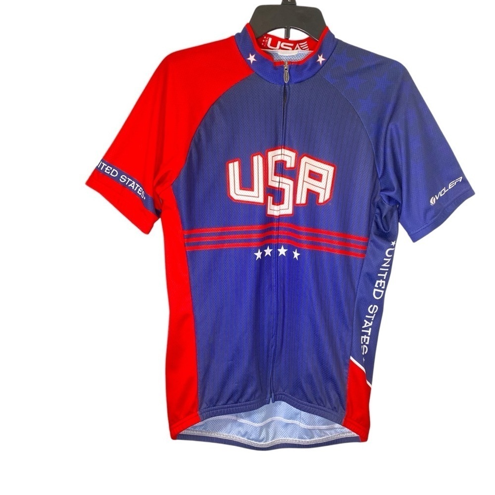 VOLER Men's size M/L USA Cycling Jersey Full zip short sleeves - Red and Blue